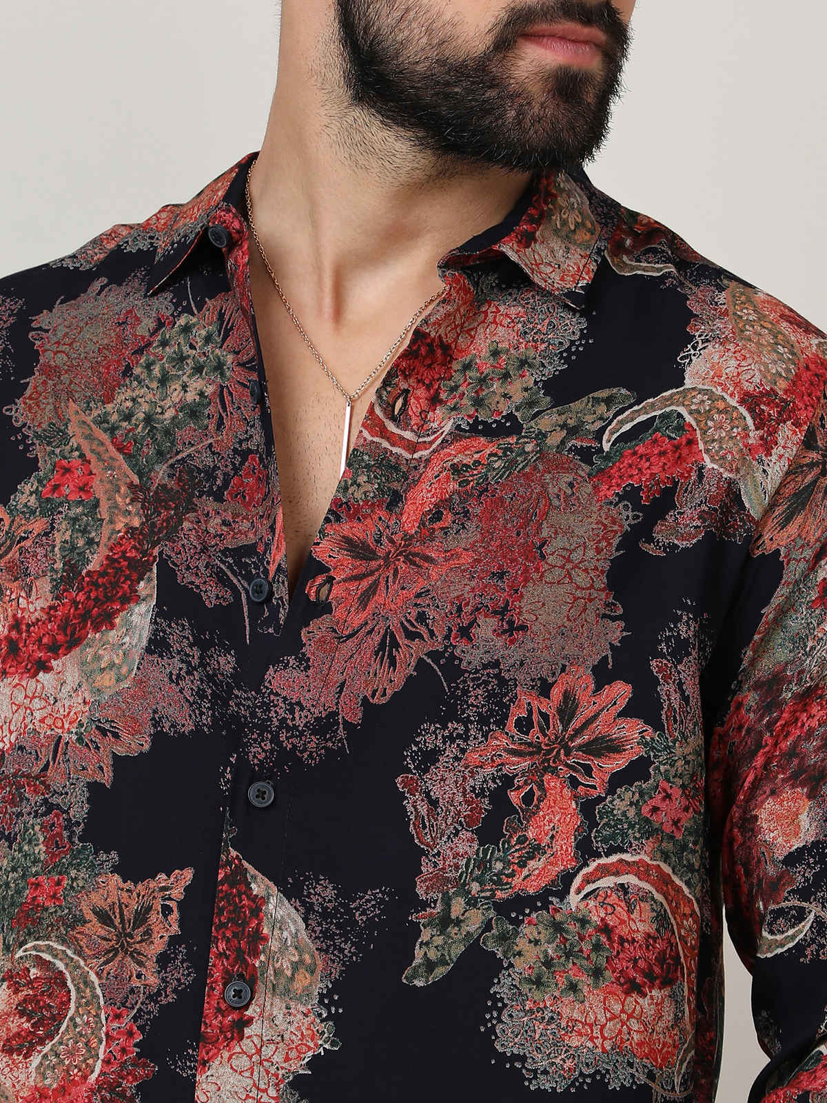 Campus Sutra Men's Paisley Flora Shirt | Crimson Red & Midnight Black - XL