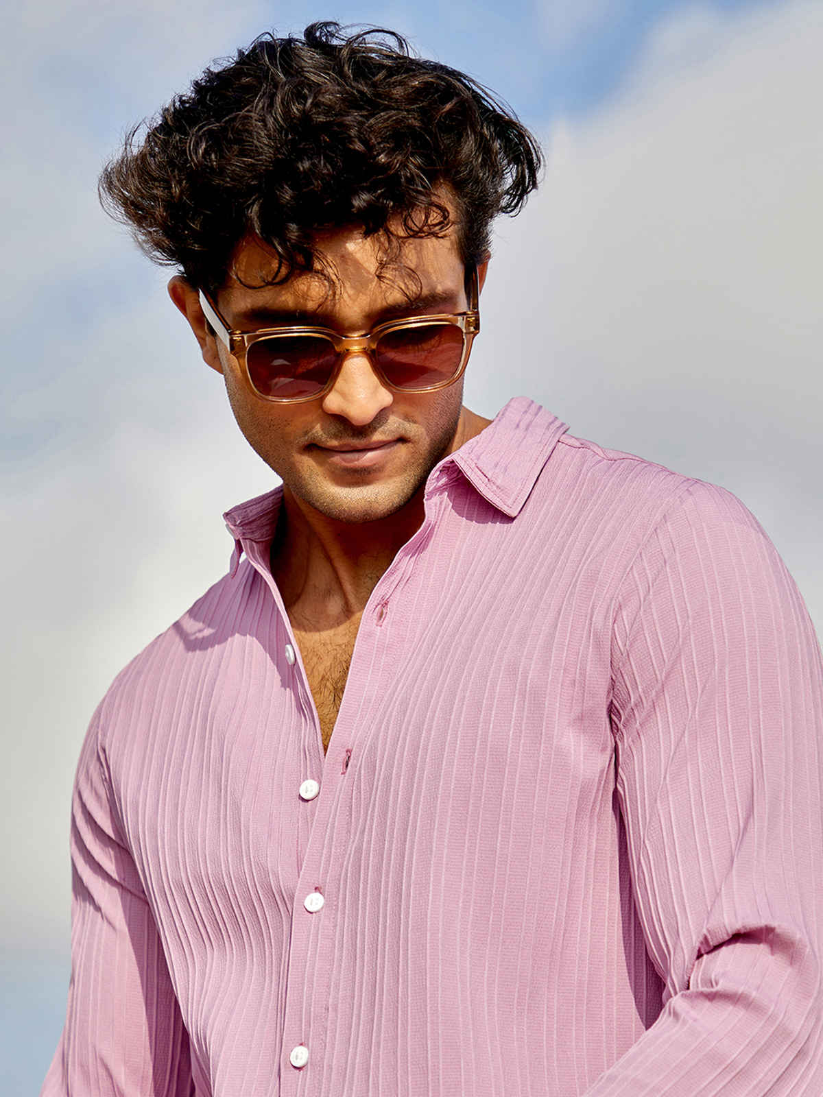 Campus Sutra Men's Self-Design Striped Shirt | Salmon Pink - S