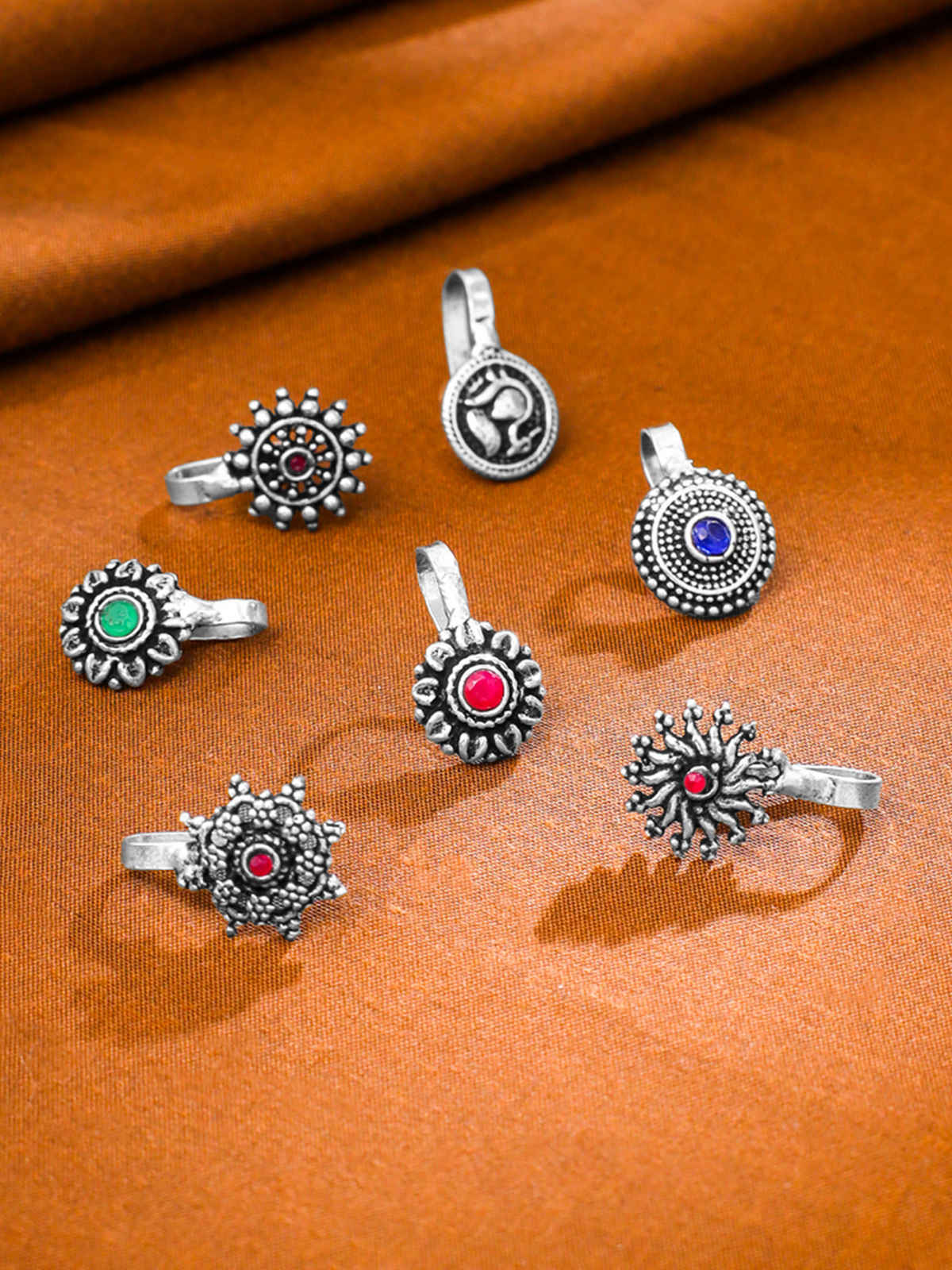 Yellow Chimes Traditional Silver Oxidised Nose Pin Set for Women