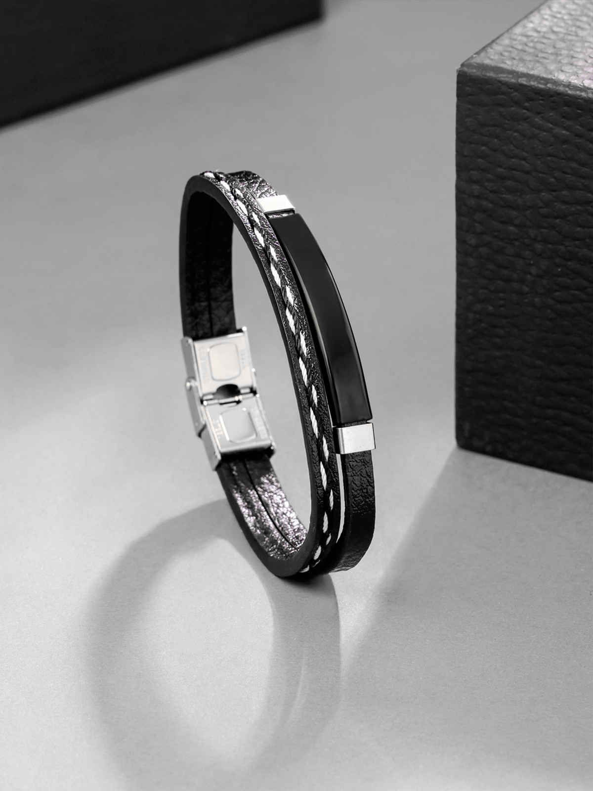 Yellow Chimes Black Leather Adjustable Anchor Wrist Band for Men