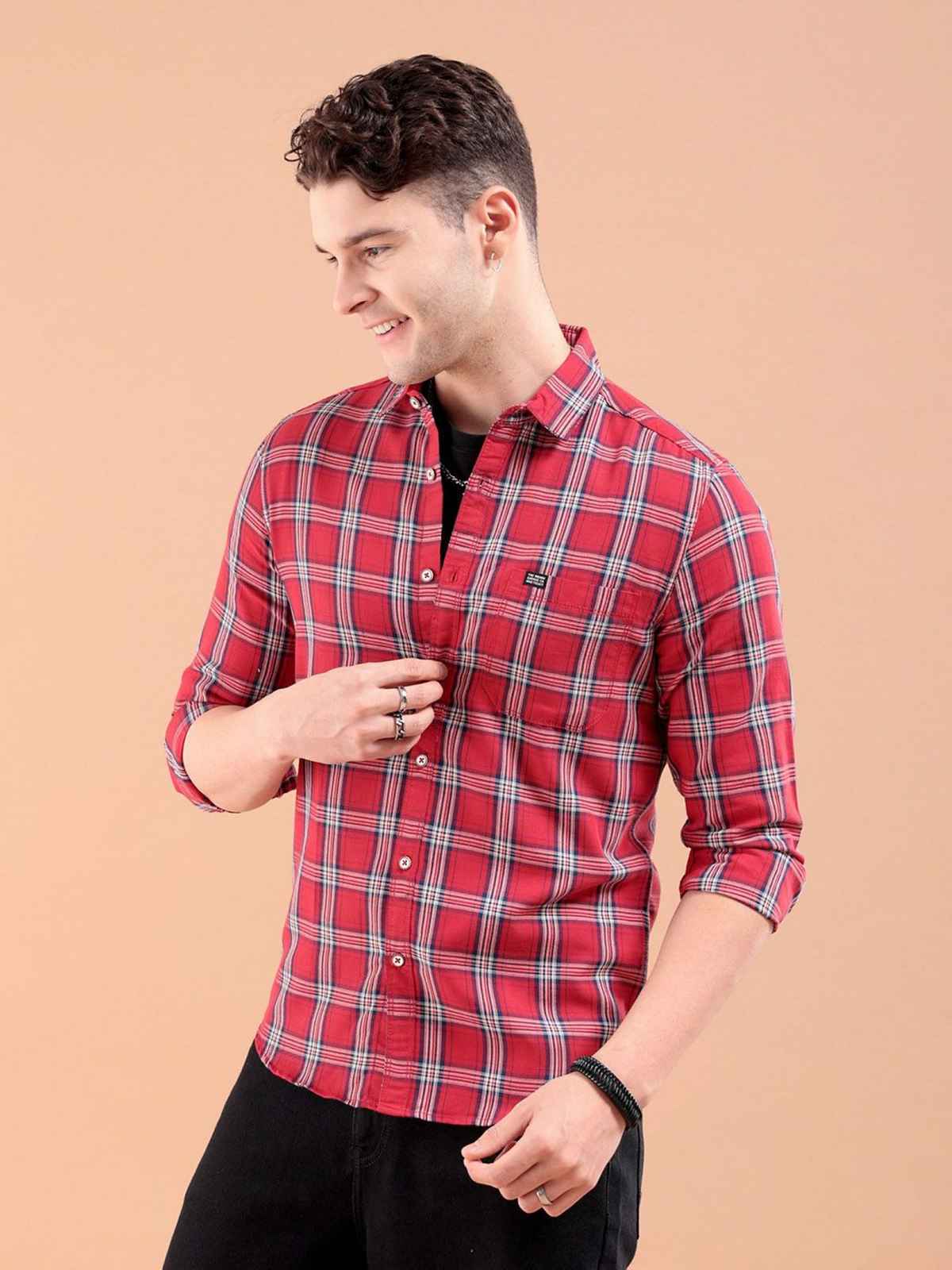 The Indian Garage Co Men's Slim Fit Checked Casual Shirt | Red - M