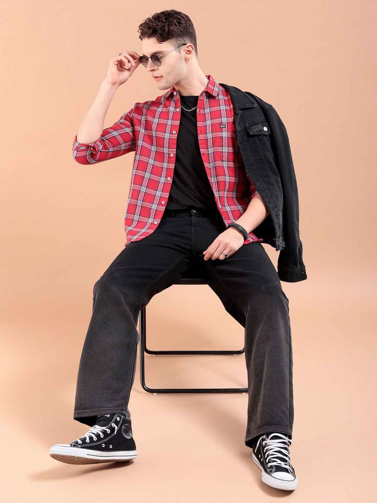 The Indian Garage Co Men's Slim Fit Checked Casual Shirt | Red - M