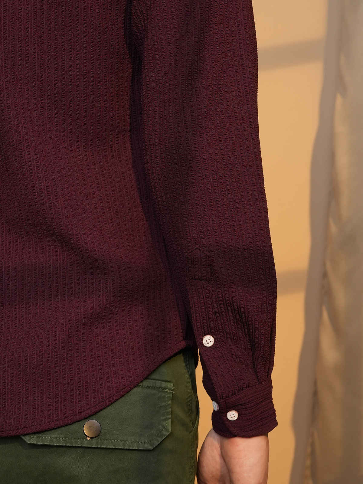 Campus Sutra Men's Stripe-Creased Shirt | Maroon Red - S