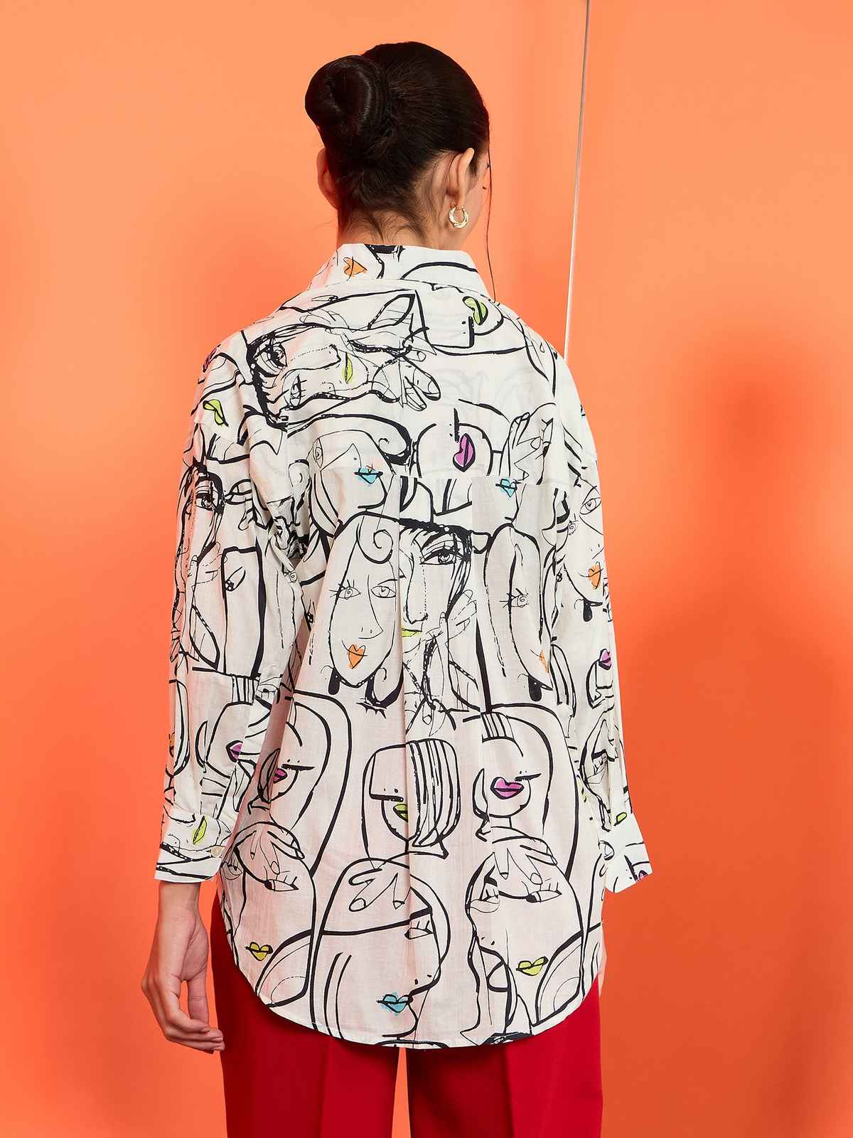 Uptownie Women's Printed Asymmetrical Cotton Shirt | White - L