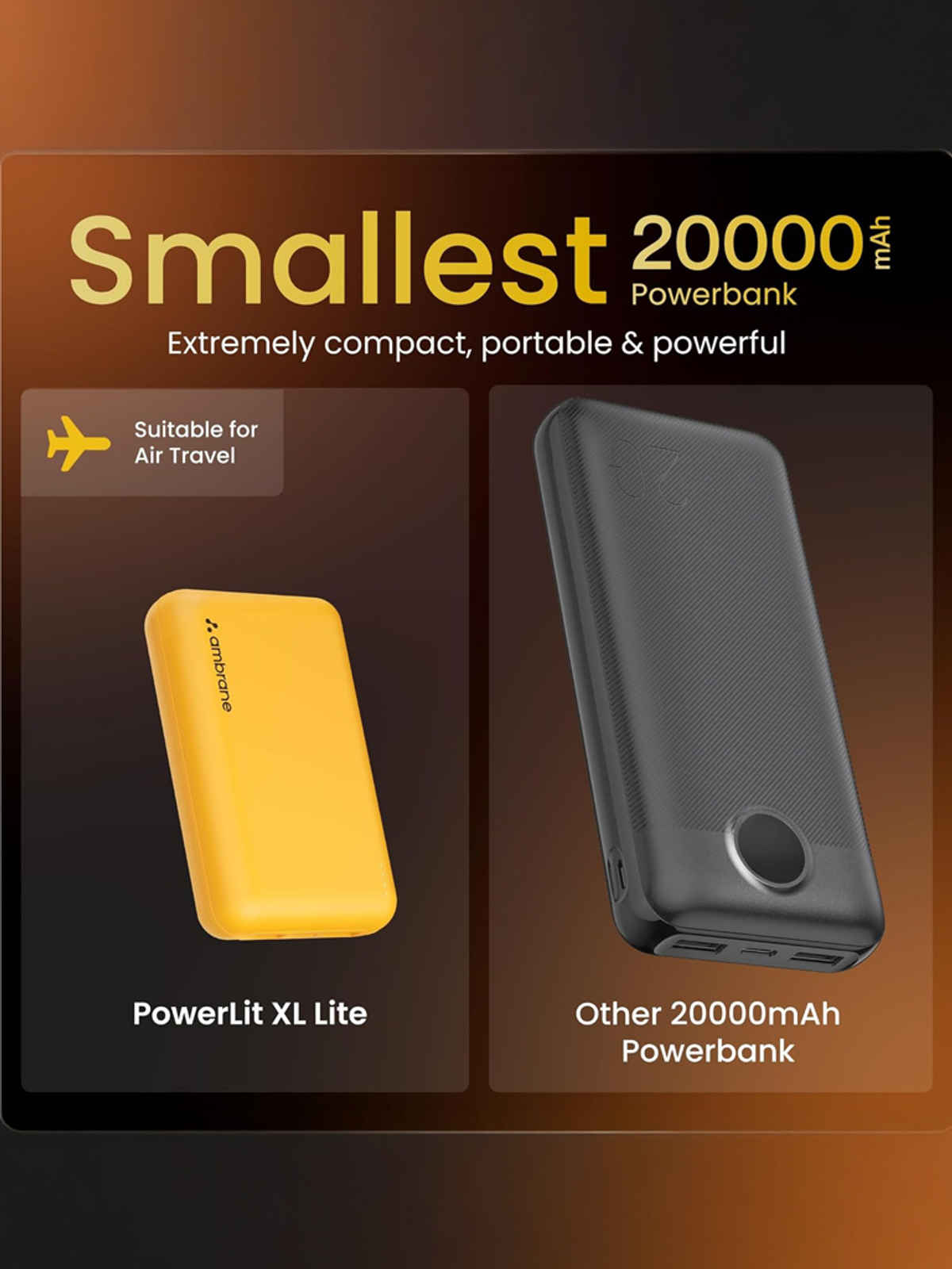 Ambrane 20000 mAh Mini Power Bank with 22.5W Fast Charging, Pocket Size, Triple Output, Type C PD (Input & Output), Li-Polymer, Made in India + Type C Cable (Powerlit XL Lite) - Yellow