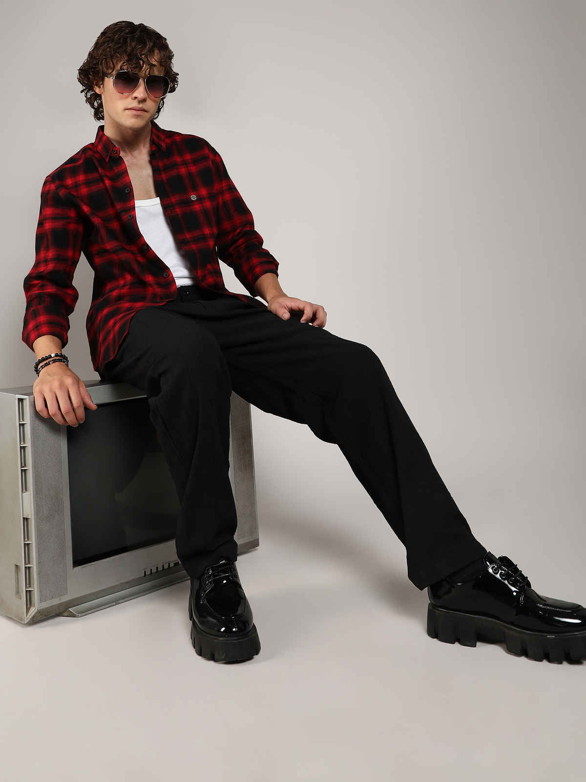 Campus Sutra Men's Brushed Buffalo Check Shirt | Midnight Black & Scarlet Red - M