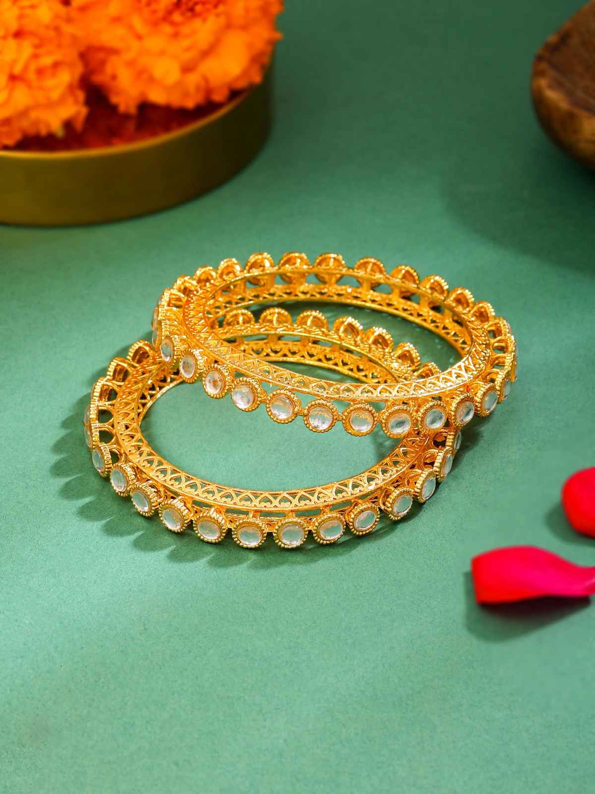 Yellow Chimes Golden Bangles Set for Women | Stone Studded Traditional Jewellery
