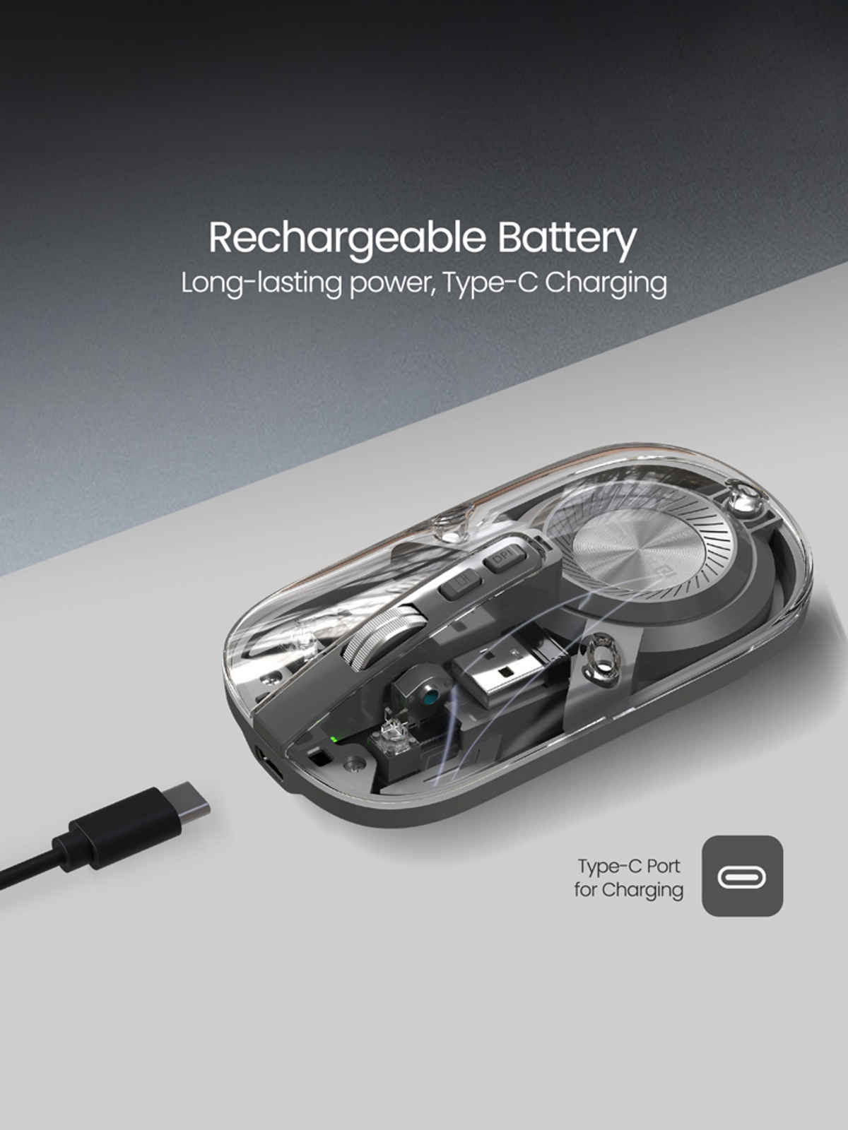 Portronics Toad 8 Transparent Wireless Bluetooth Mouse with Rechargeable Battery | Grey