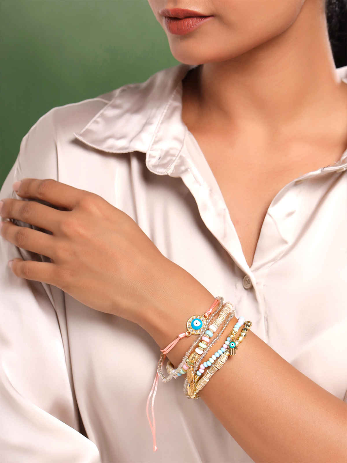 Yellow Chimes 5 PCs Beads Multicolour Gold Plated Stretchable Bracelet Set