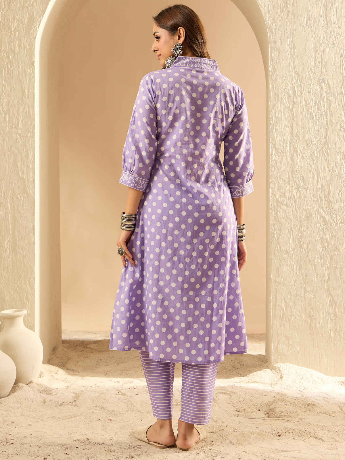 INDO ERA Women's Printed A-Line Kurta Trouser Set | Lavender - XL