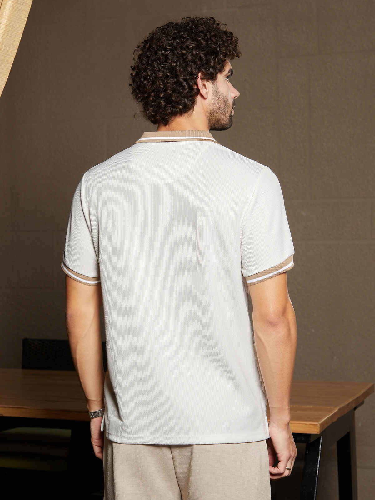 Campus Sutra Men's Cuboid-Stripe Polo T-Shirt | Cream White - S