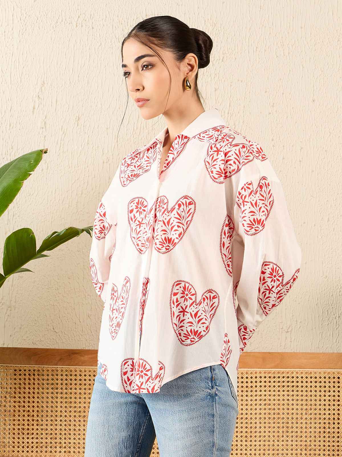 Uptownie Women's Printed Asymmetrical Cotton Shirt | White - L