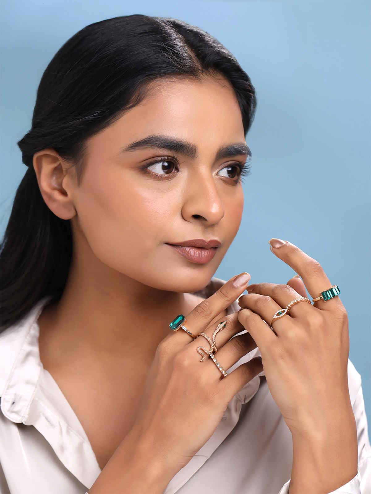 Unwind By Yellow Chimes Set Of 6 Gold-Plated Crystal-Studded Snake Designed Finger Rings