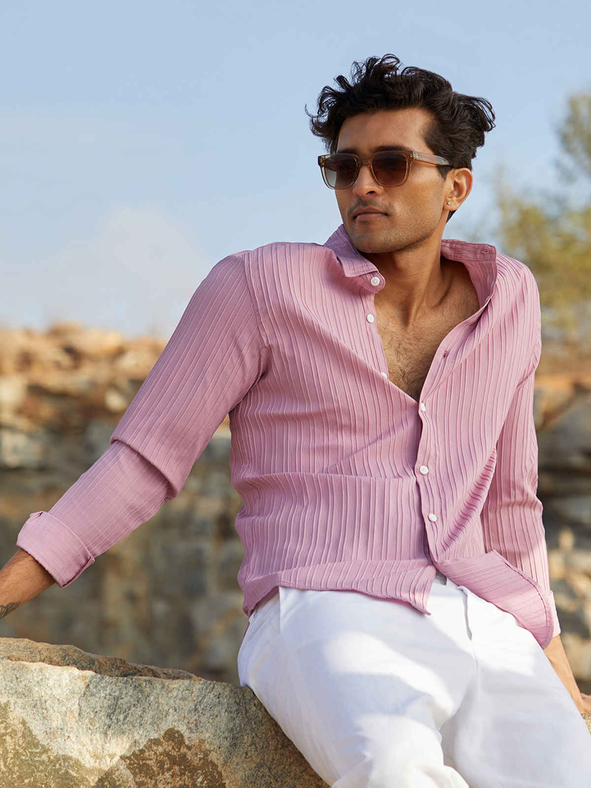 Campus Sutra Men's Self-Design Striped Shirt | Salmon Pink - S