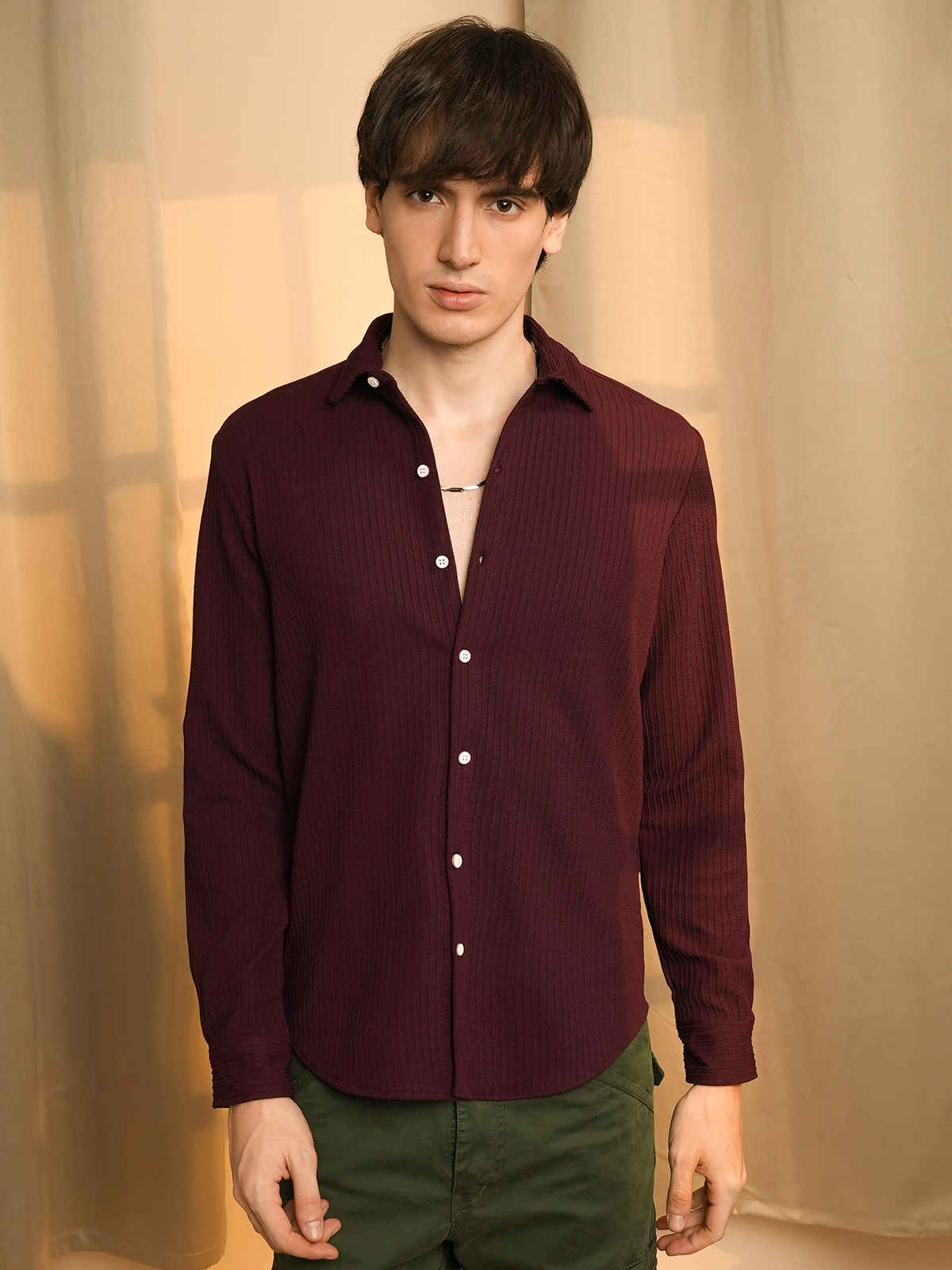 Campus Sutra Men's Stripe-Creased Shirt | Maroon Red - S