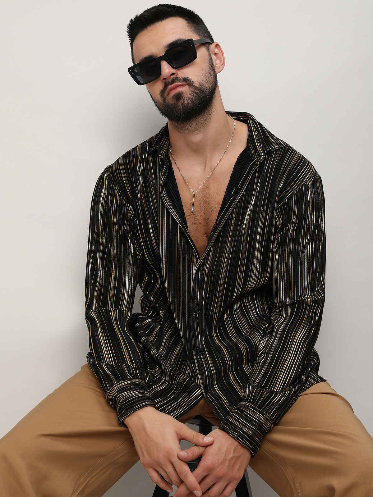 Campus Sutra Men's Pleat - Creased Shirt | Jet Black & Metallic Gold - S
