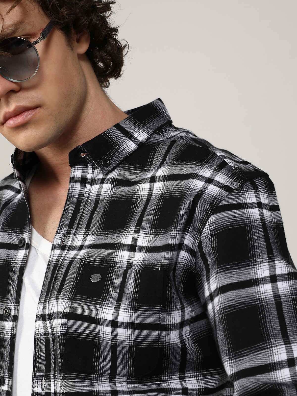 Campus Sutra Men's Brushed Buffalo Check Shirt | Midnight Black & Chalk White - S