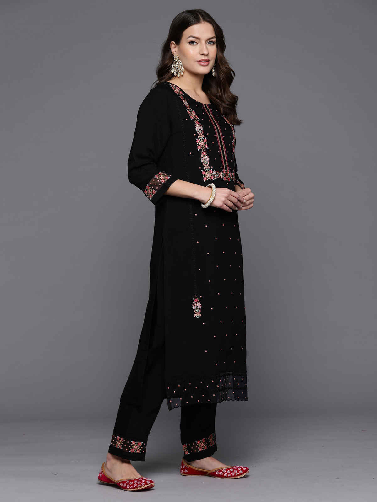 INDO ERA Women's Straight Kurta Pant with Dupatta set | Black | 2XL