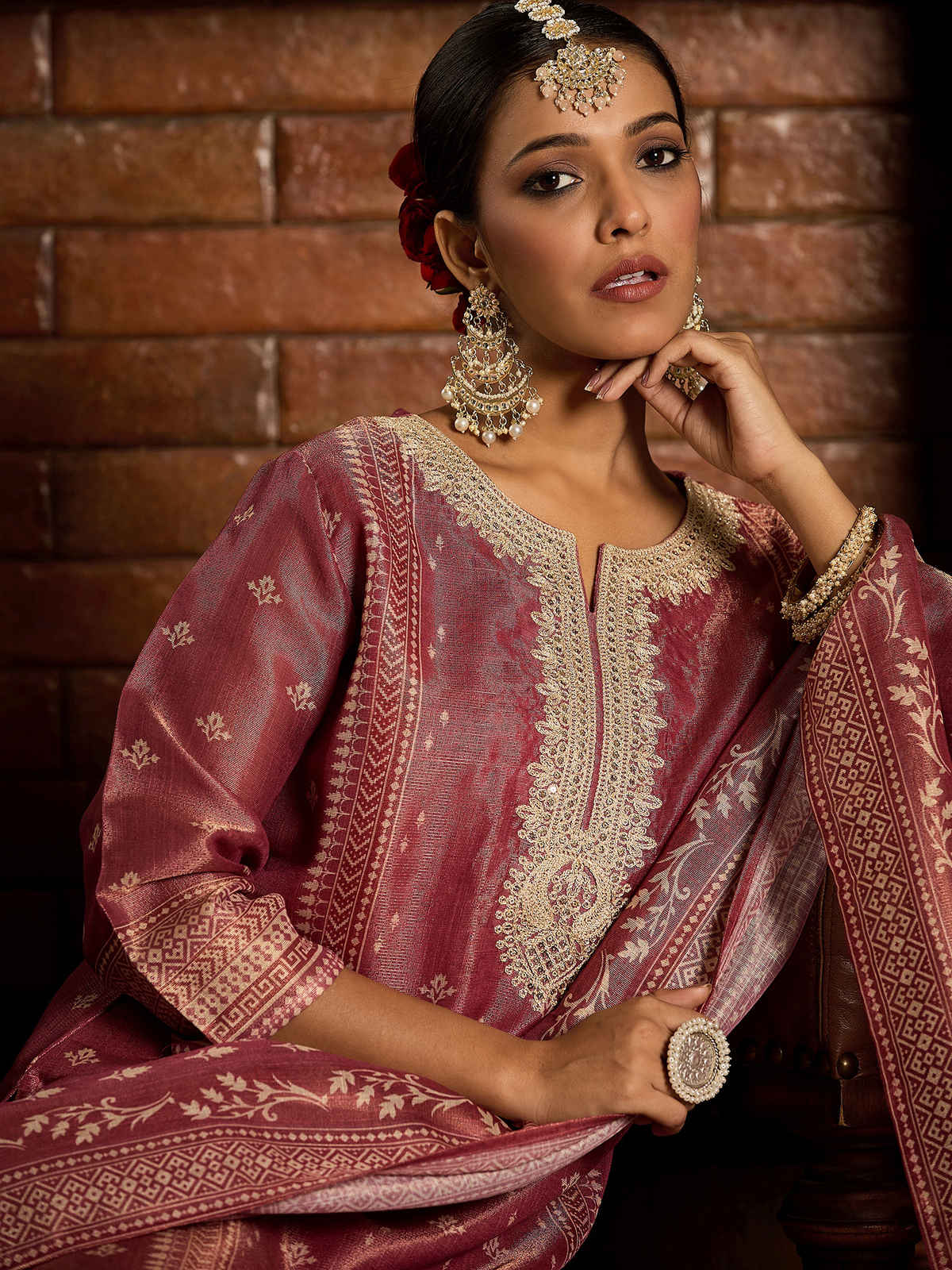 INDO ERA Women's Straight Kurta Pant with Dupatta Set | Pink | L