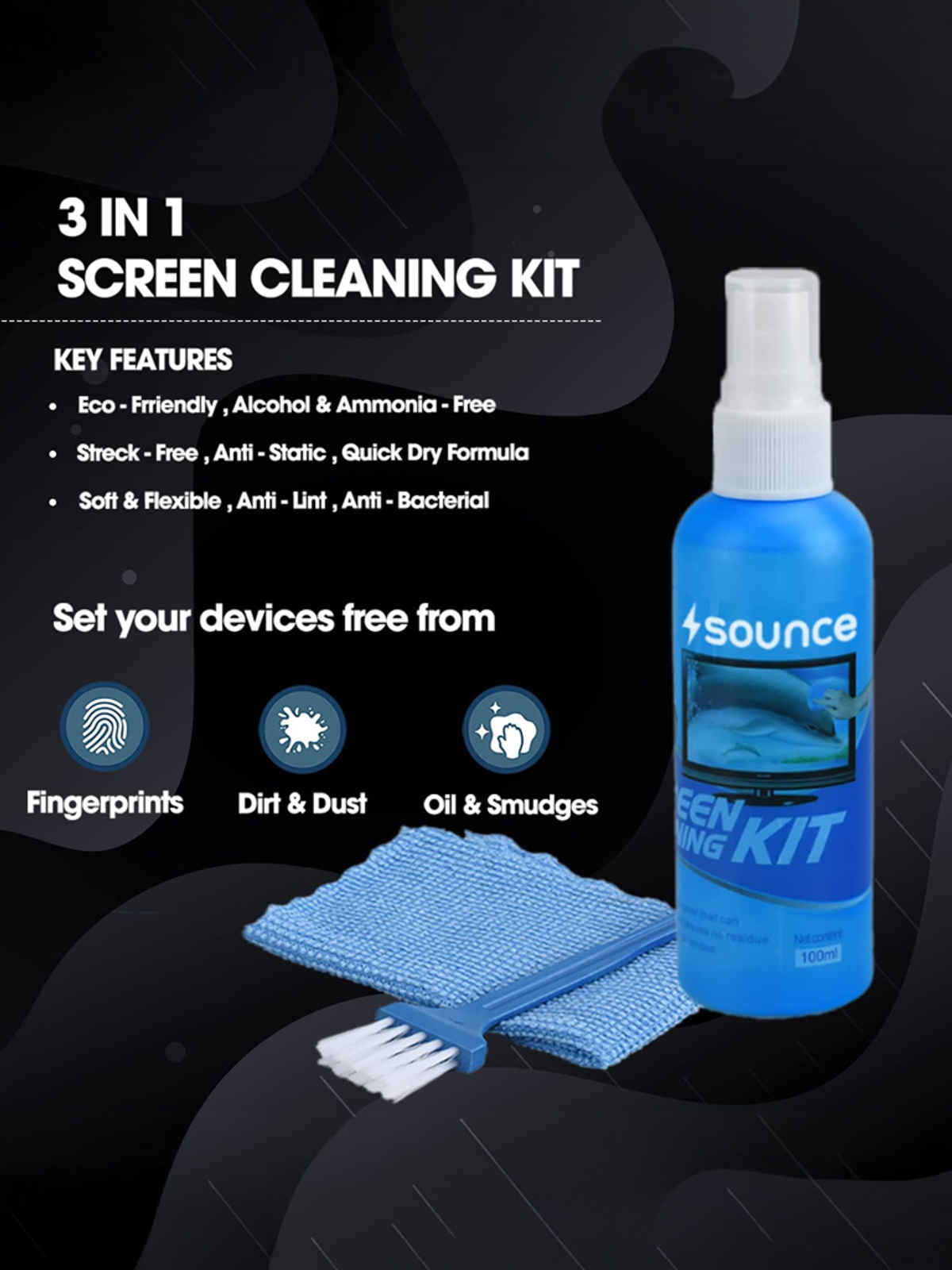 Sounce 3 in 1 Cleaning Set for Screen PC, Laptops, Monitors, Mobiles, LCD, LED, TV/Professional Quality/Prevents Static Electricity, 100ml with Micro Fiber Cloth and Soft Brush