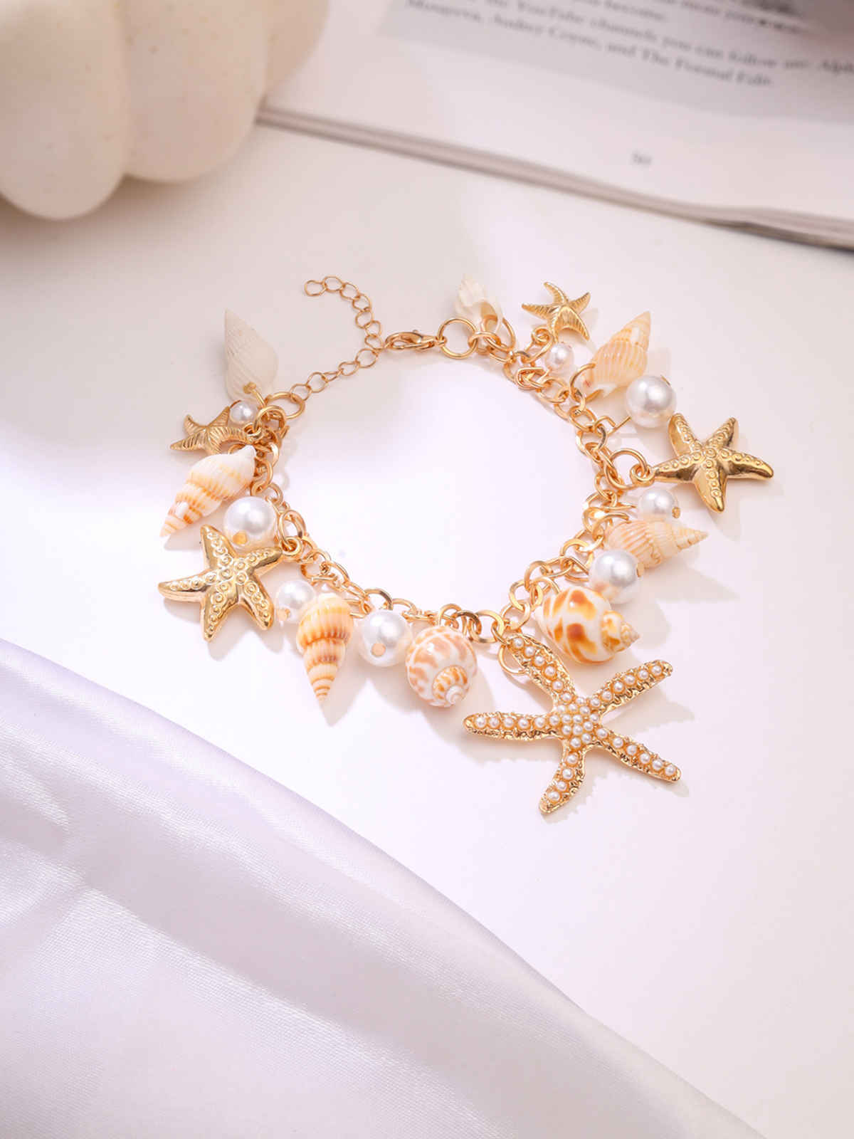 Yellow Chimes Women Gold-Toned Sea Shell Starfish & Pearls Hanging Charm Bracelet