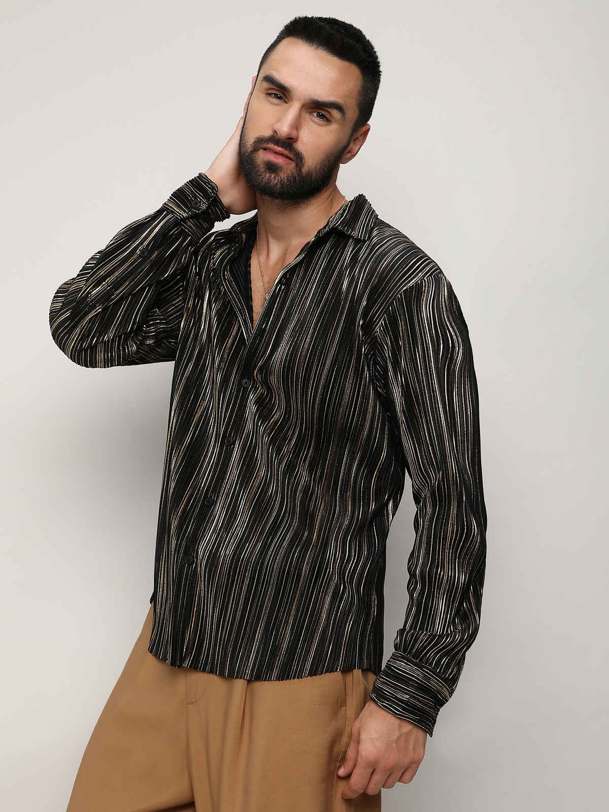 Campus Sutra Men's Pleat - Creased Shirt | Jet Black & Metallic Gold - S