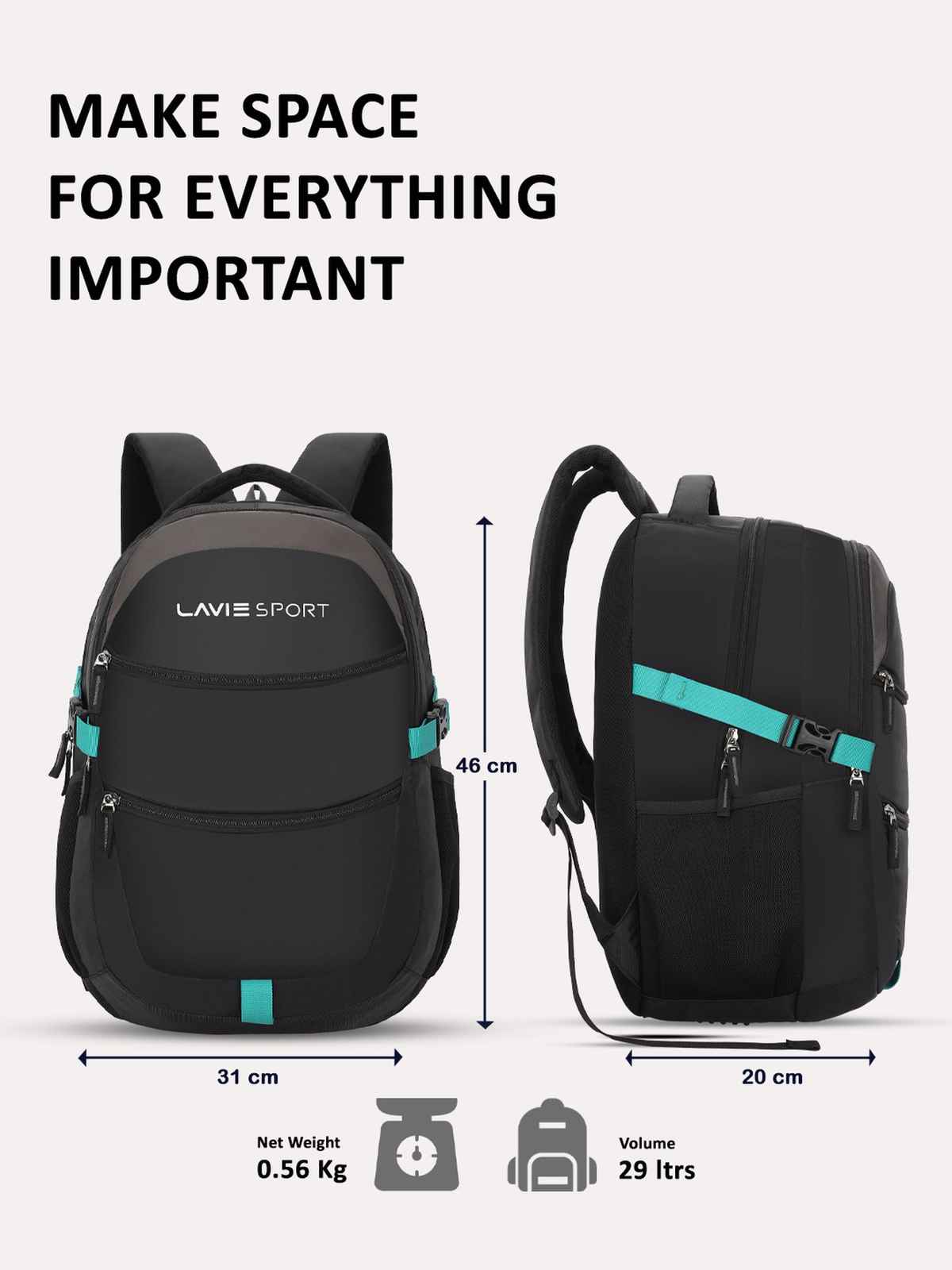 Lavie Sport Unisex Solid Polyester Padded Grab Handle Laptop Backpack | Black | M (31 x 20 x 46 cm)