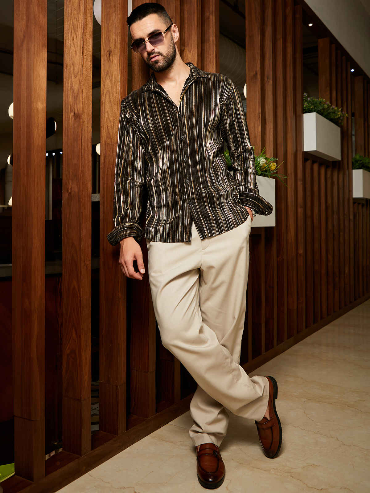 Campus Sutra Men's Pleat - Creased Shirt | Jet Black & Metallic Gold - S