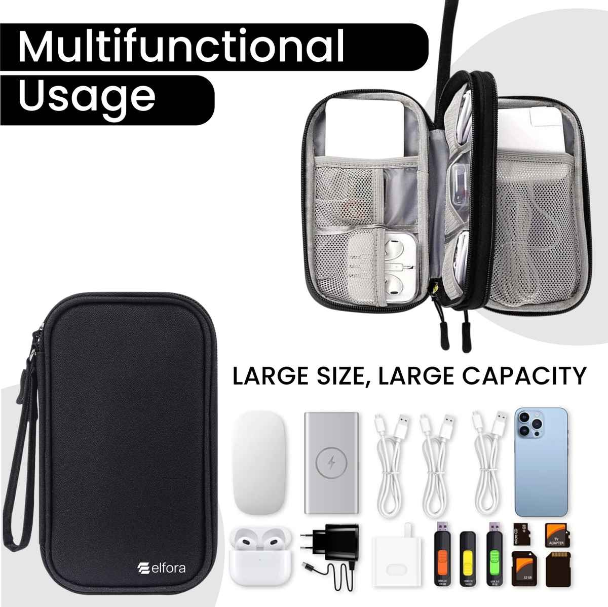 Elfora Cable Organizer Pouch Double Layer Travel Storage for Cables Chargers Power Bank | Black