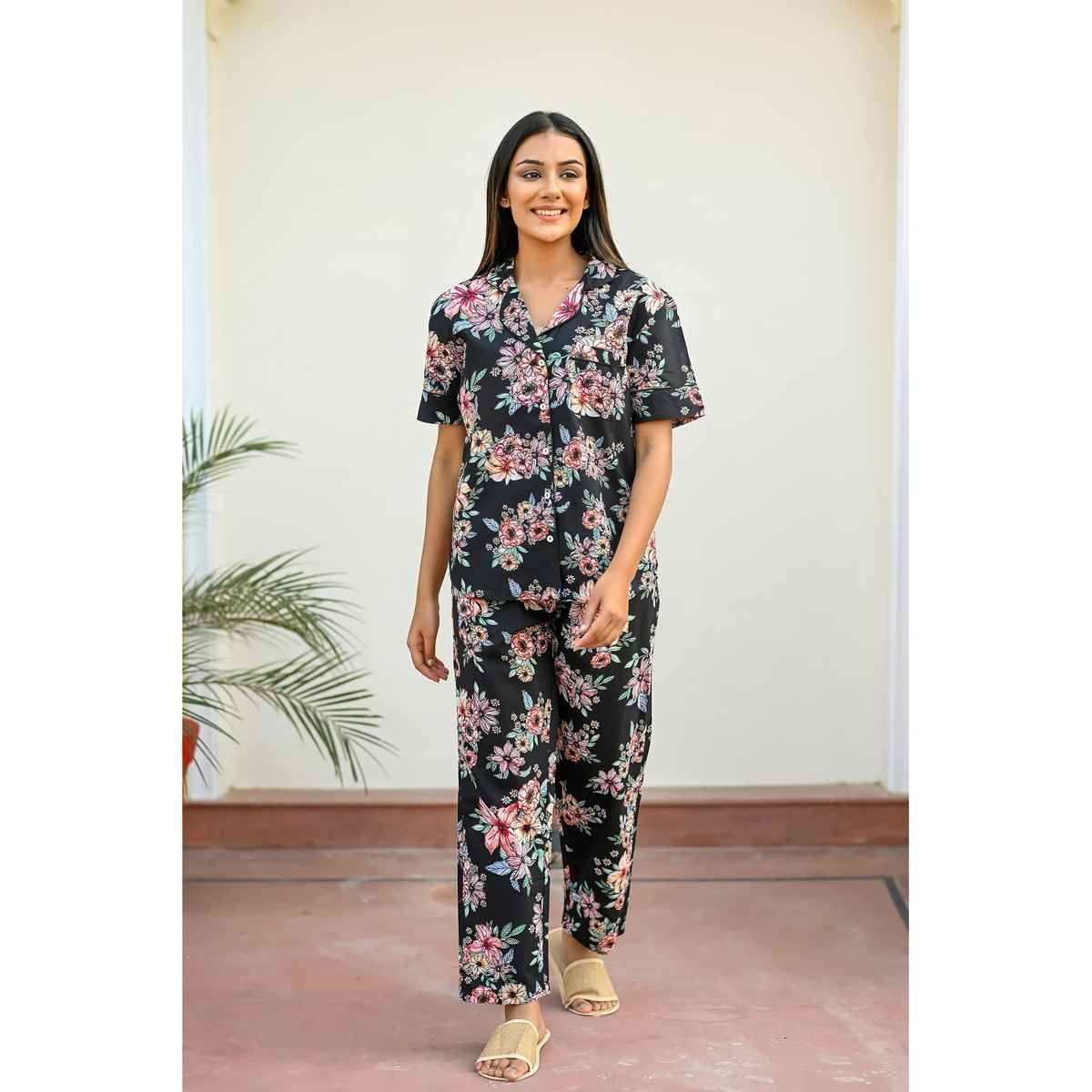 Sanskrutihomes Women Black Pure Cotton Floral Print Pyjama | Set S