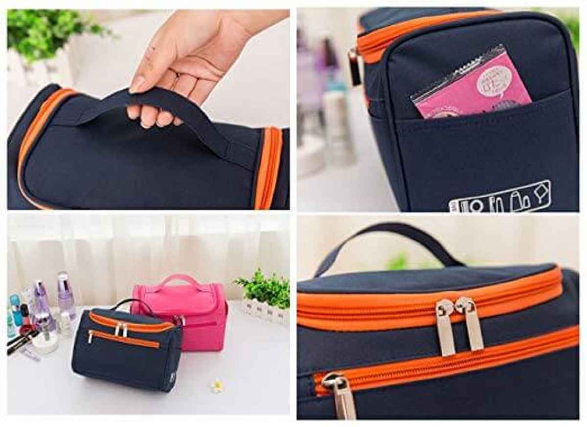 Awestuffs Hanging Travel Kit Water Resistant, Mesh Pockets and Sturdy Hanging Hook | Navy Blue