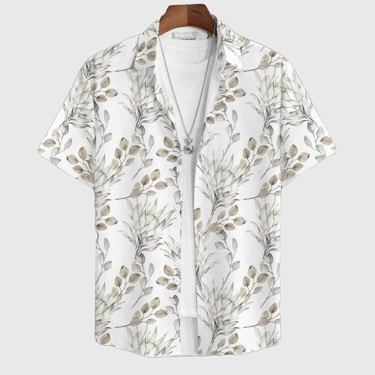 Bullmer Men's Trendy Regular Fit White Leaf Printed Causal Shirt | White - XL