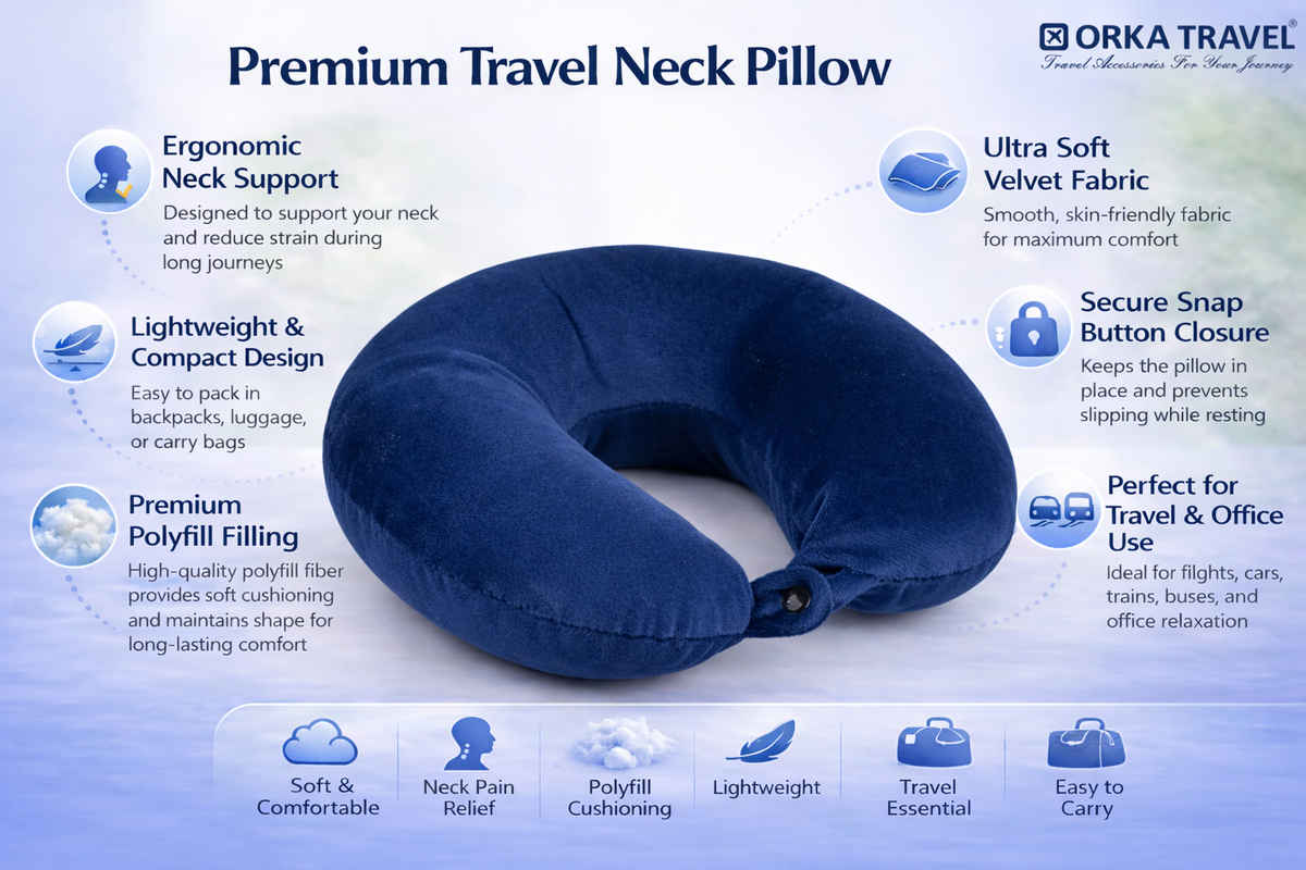ORKA Travel U Shaped Neck Pillow Ultra Soft Polyfill Comfort | Blue