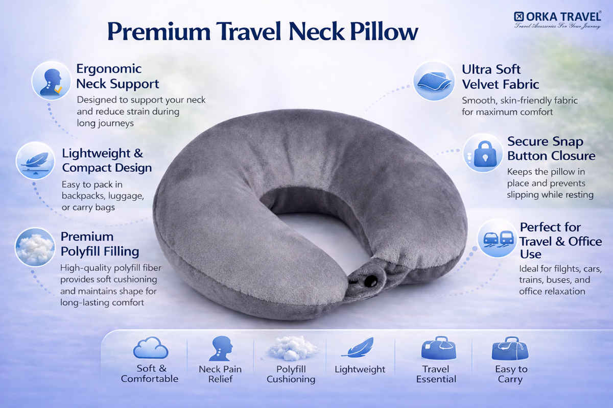 Orka Travel U Shaped Neck Pillow Ultra Soft Polyfill Comfort | Grey