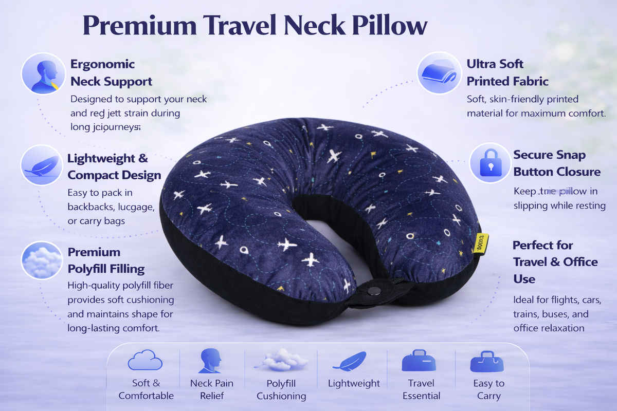 ORKA Travel Printed U Shaped Neck Pillow Polyfill Travel Icons Theme