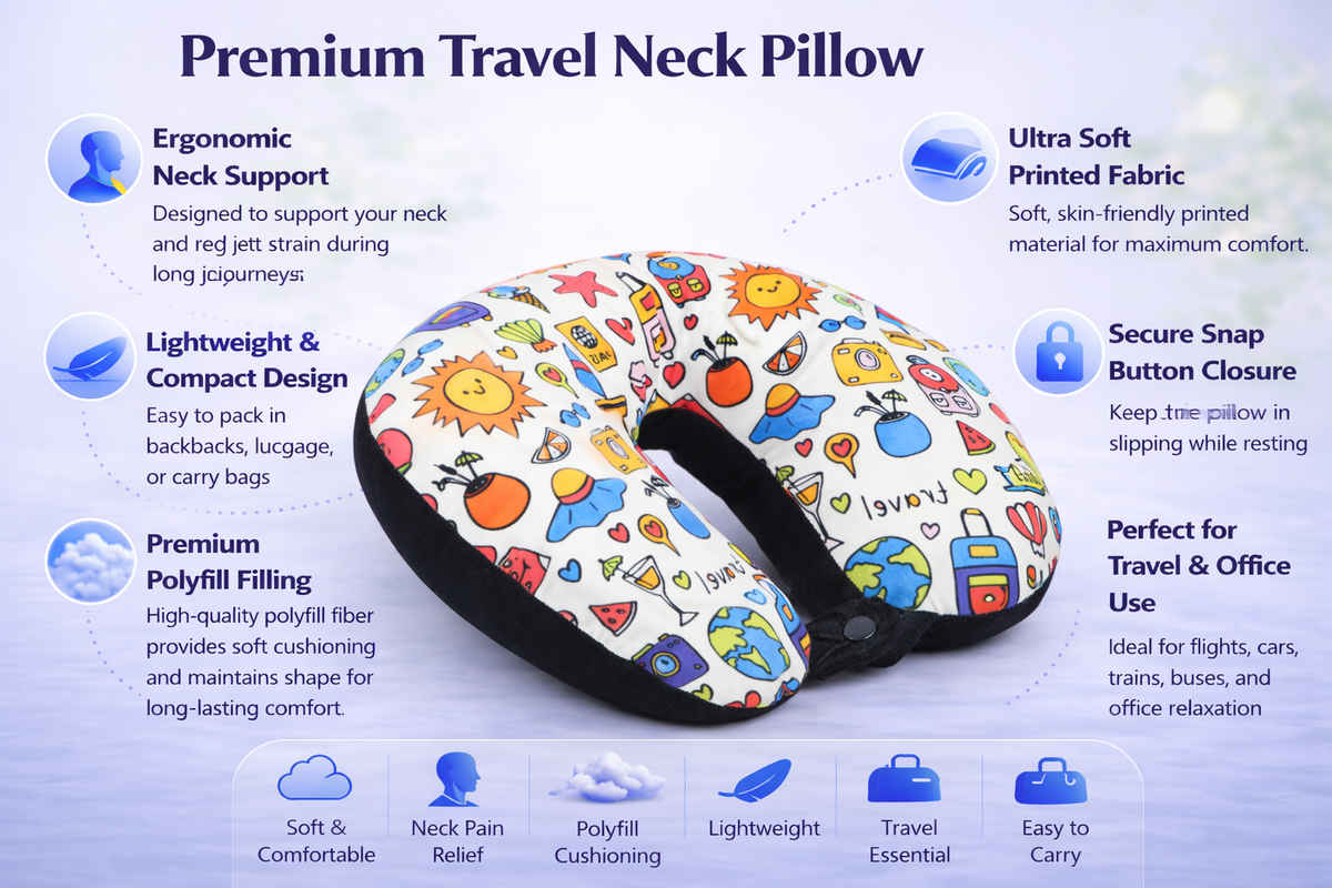 ORKA Travel Printed U Shaped Neck Pillow Polyfill Colorful Travel Doodle Theme