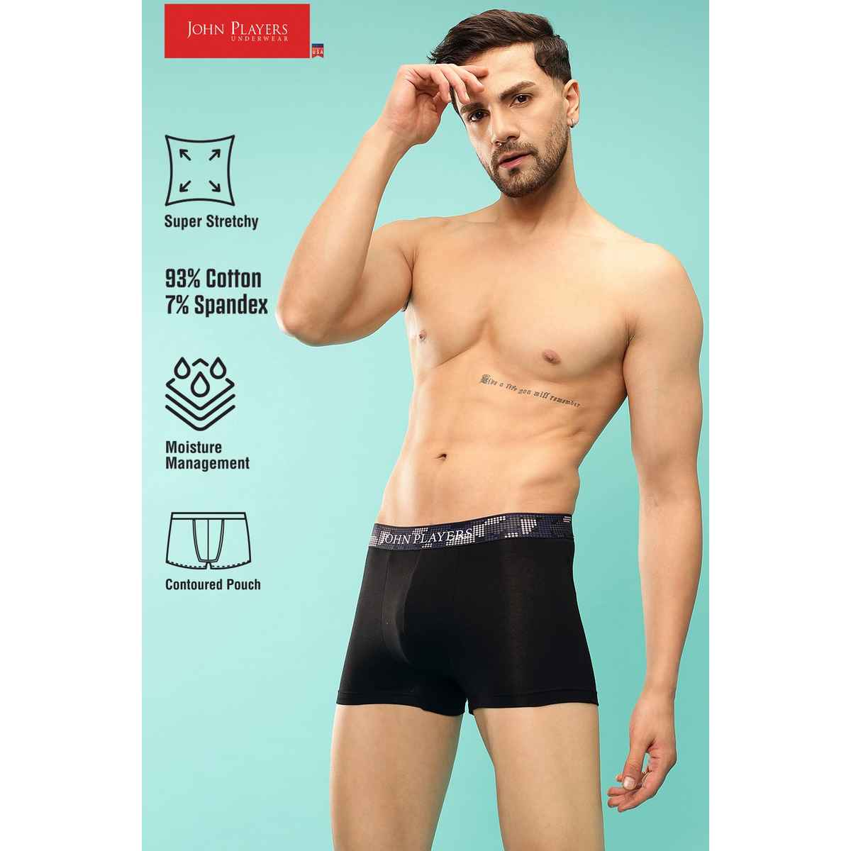 John Players Men's Classic Cotton Trunk With Sublimation Waistband | (JTK034M13) | Black - 2XL