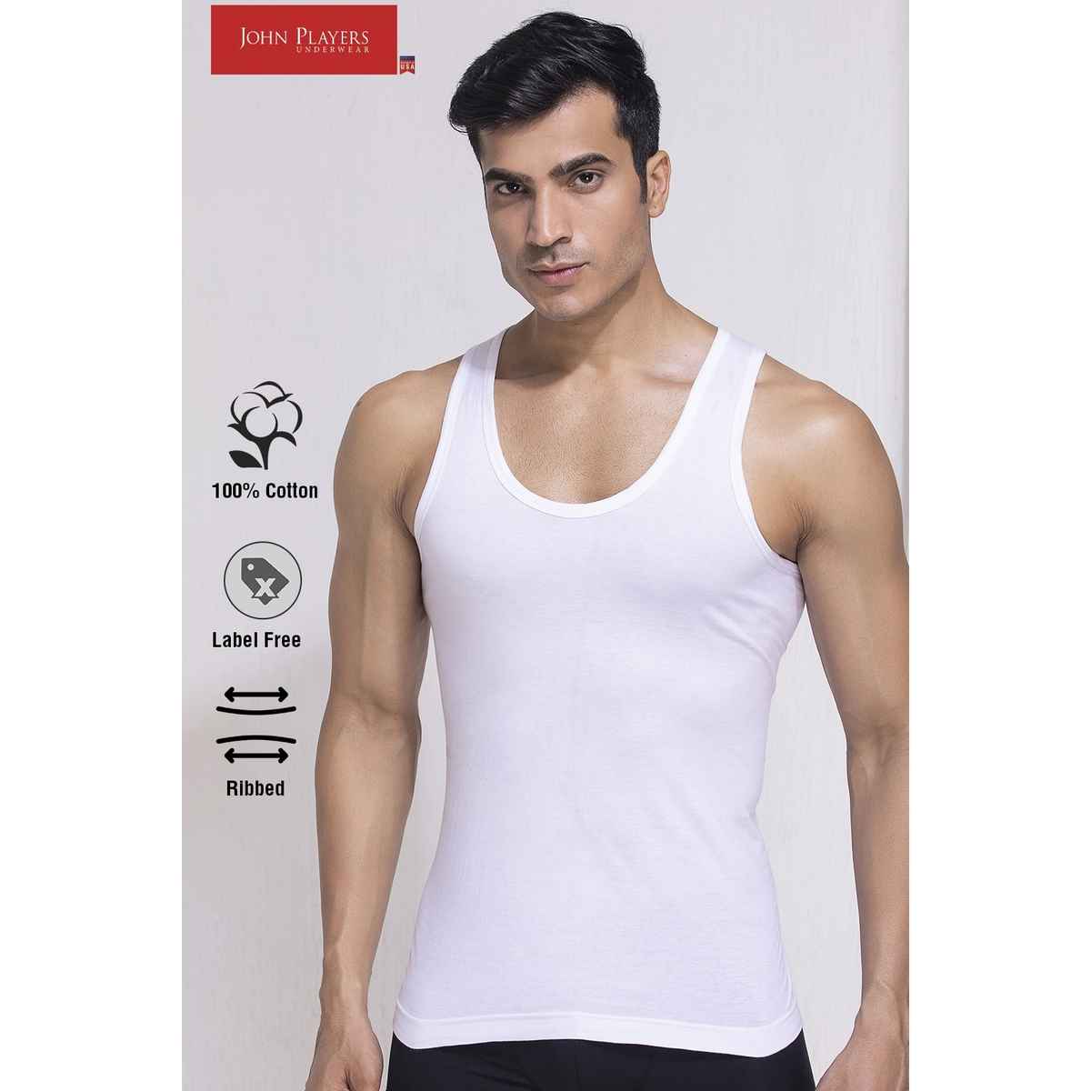 John Players Men's Classic Ribbed Cotton Vest | (JVT002M18) | White - XL