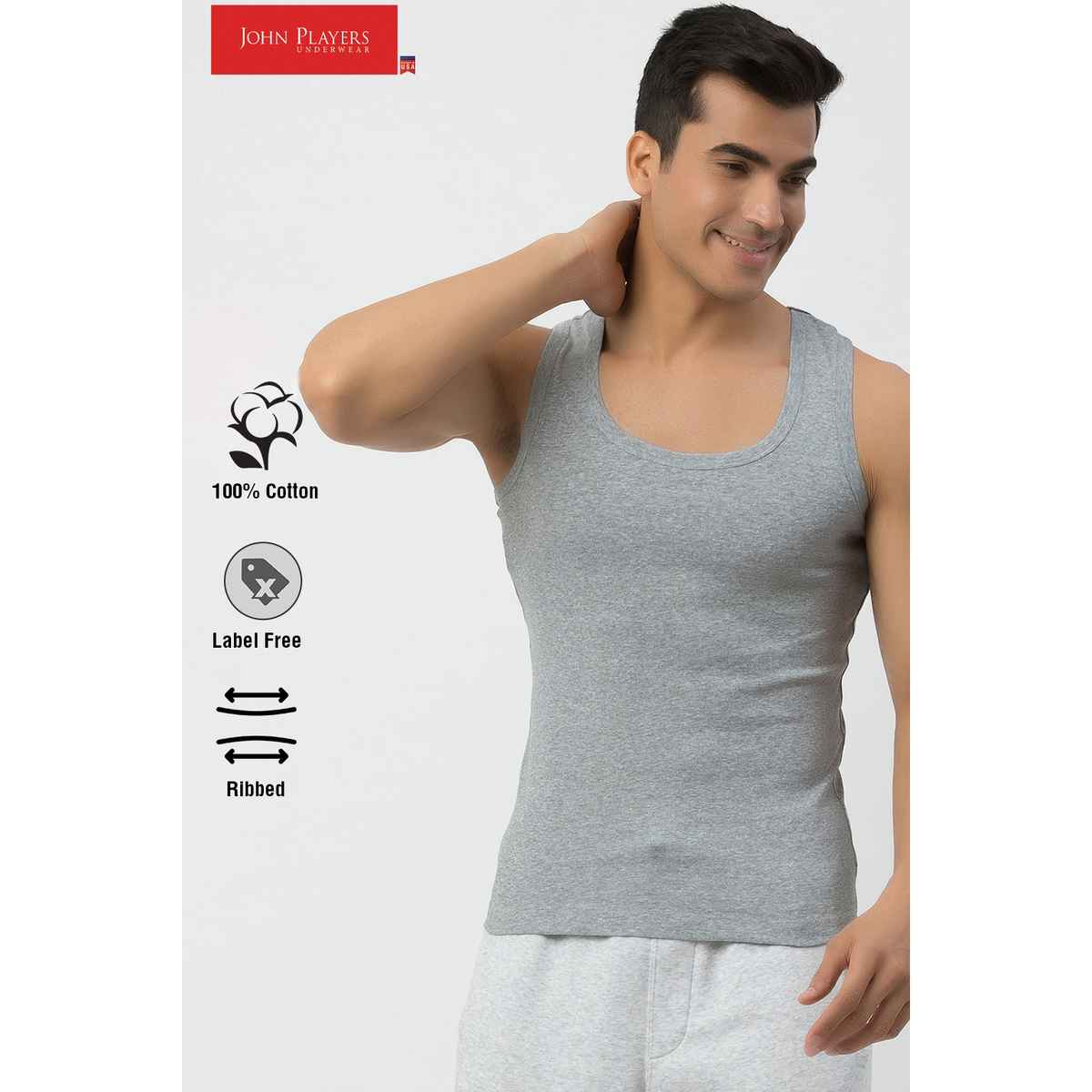 John Players Men's Classic Ribbed Cotton Vest | (JVT002M01) | Grey Melange - S