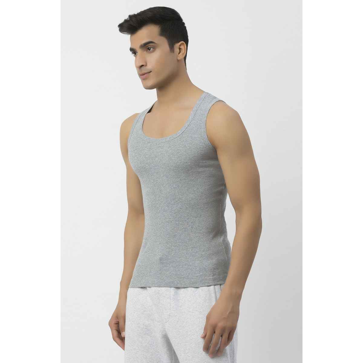 John Players Men's Classic Ribbed Cotton Vest | (JVT002M01) | Grey Melange - M