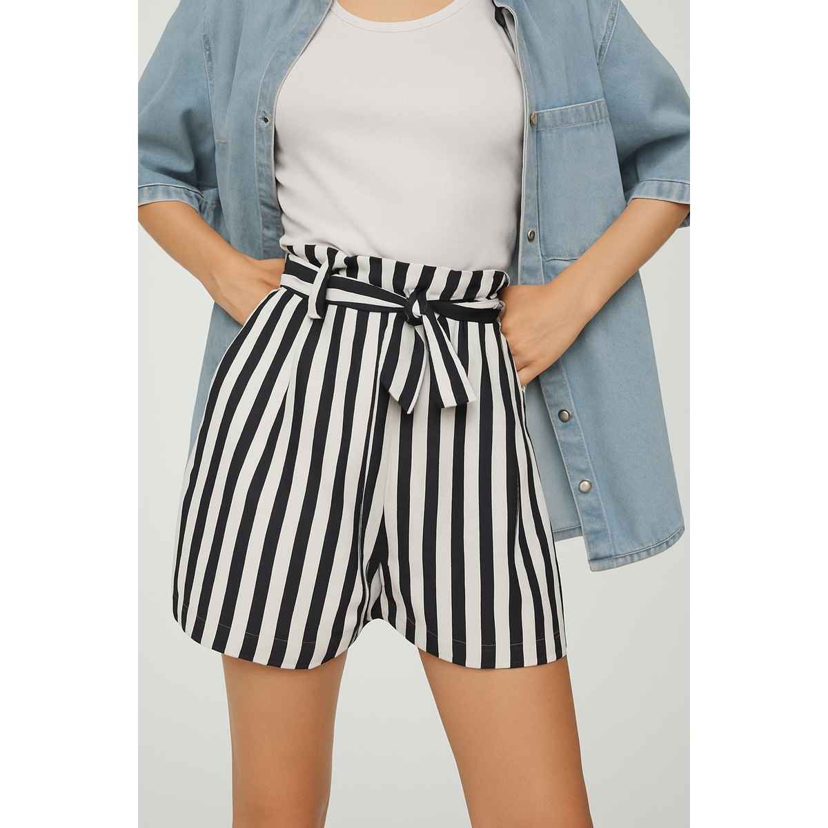 Luxrio Women's Shorts Cotton Striped Shorts | WMNSHORTSSTRP | Black - S