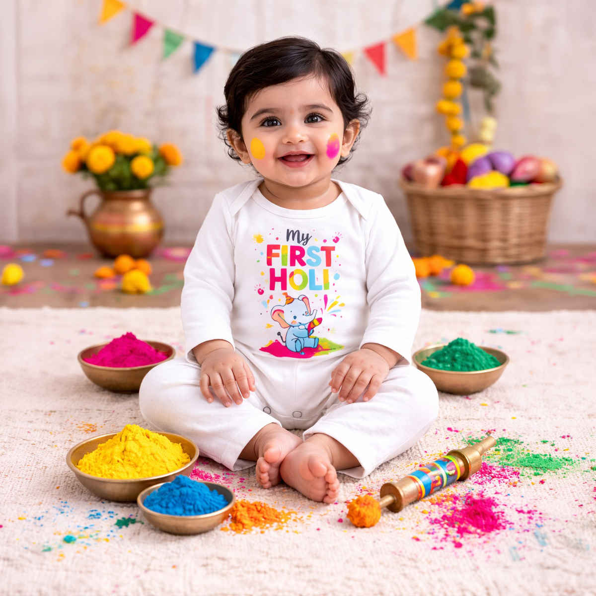 Trampoline Cotton My First Holi Baby Romper with Colorful Elephant Print | White - 3-6 Months