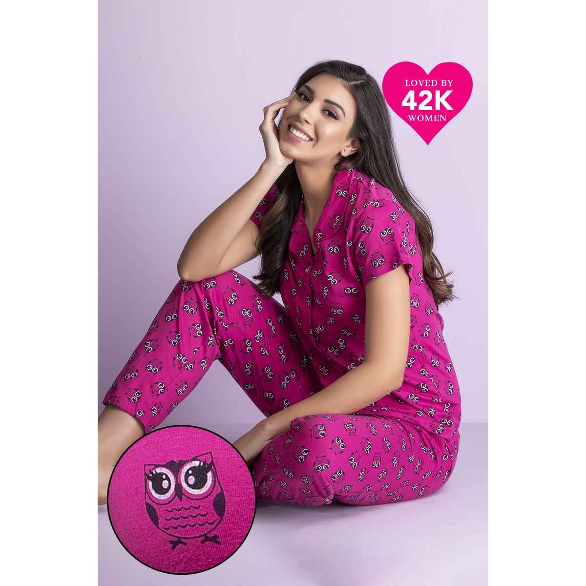 Clovia Owl Print Button Down Shirt & Pyjama Set - Cotton Rich(Magenta - S)