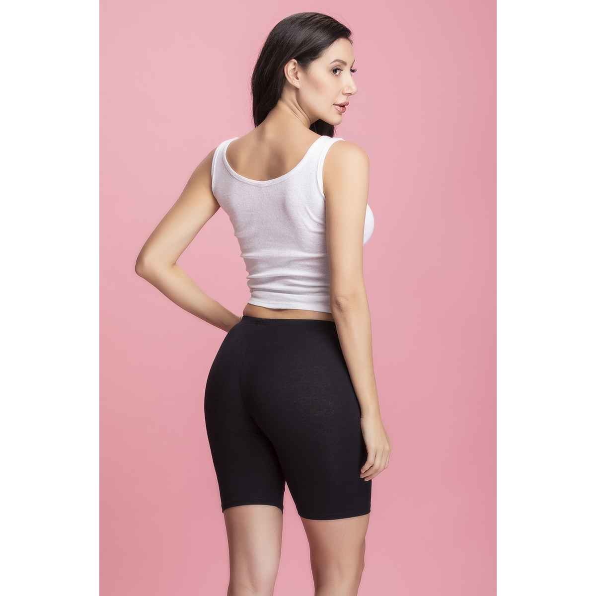 Clovia Cotton Mid Waist Cycling Shorts With Inner Elastic (Black - L)