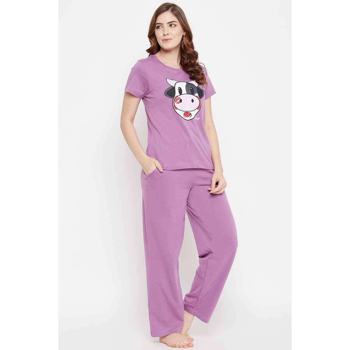 Clovia Cow Emoji Print Top & Solid Pyjama Set - 100% Cotton(Purple - Xl)