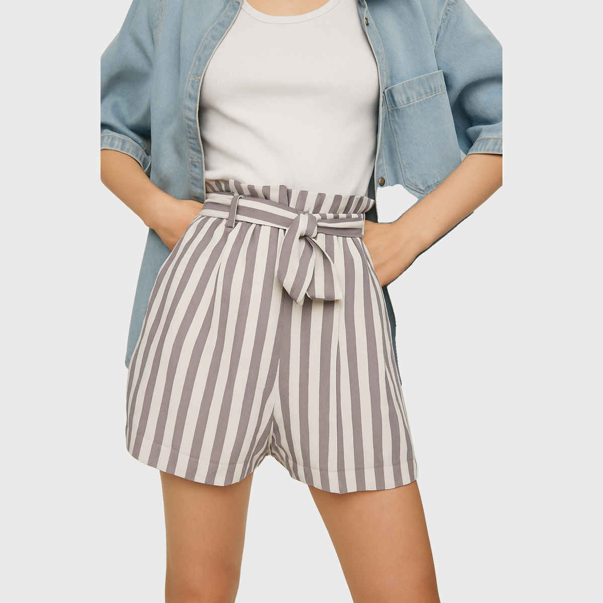 Luxrio Women's Shorts Cotton Striped Shorts | WMNSHORTSSTRP | Grey - L