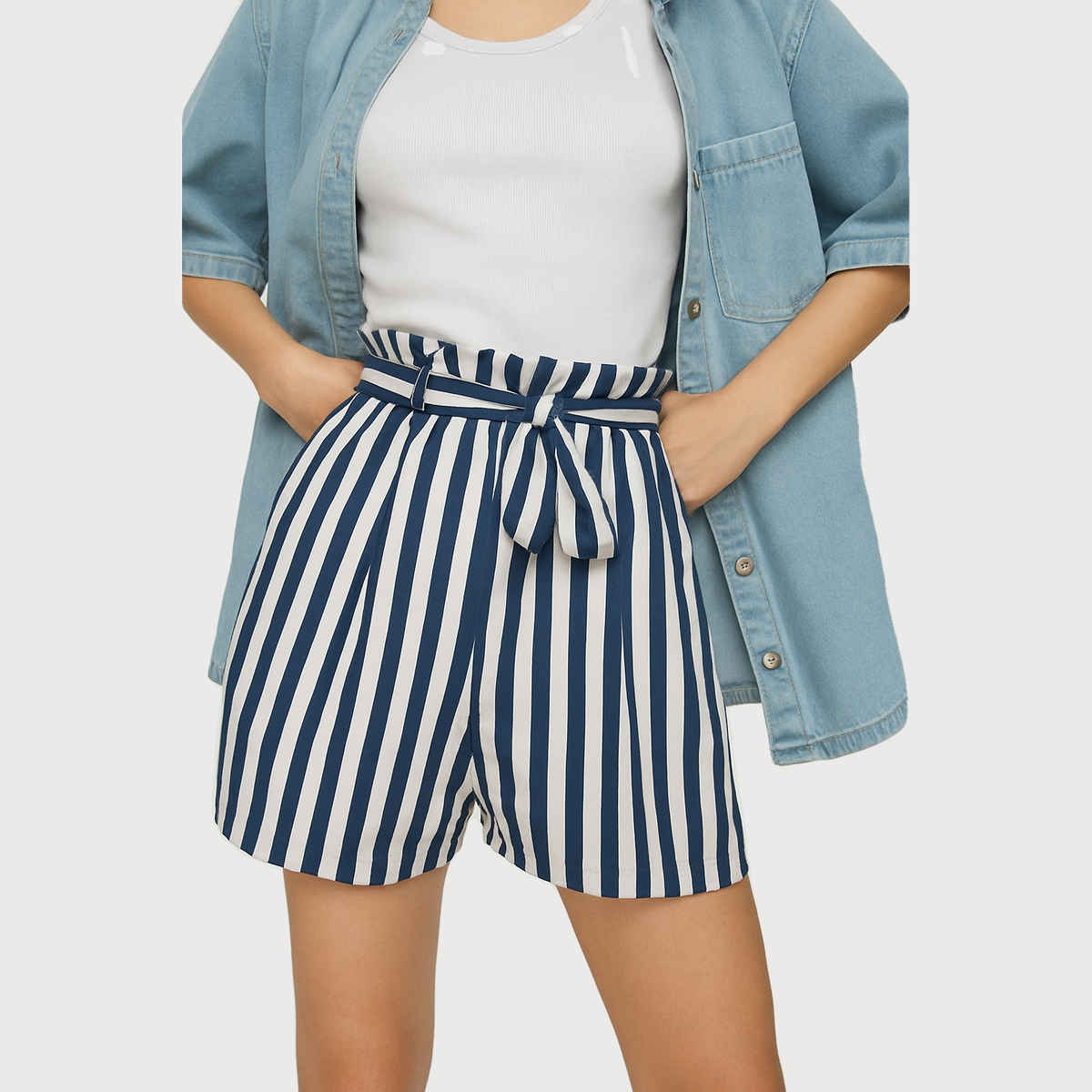 Luxrio Women's Shorts Cotton Striped Shorts | WMNSHORTSSTRP | Navy Blue - M