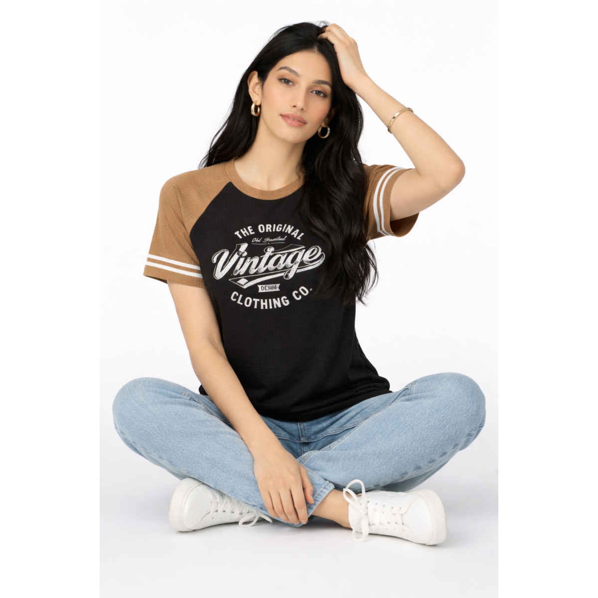 Try This Women's HF Sleeve Graphic Print Round Neck Tshirt | Black & Brown | M