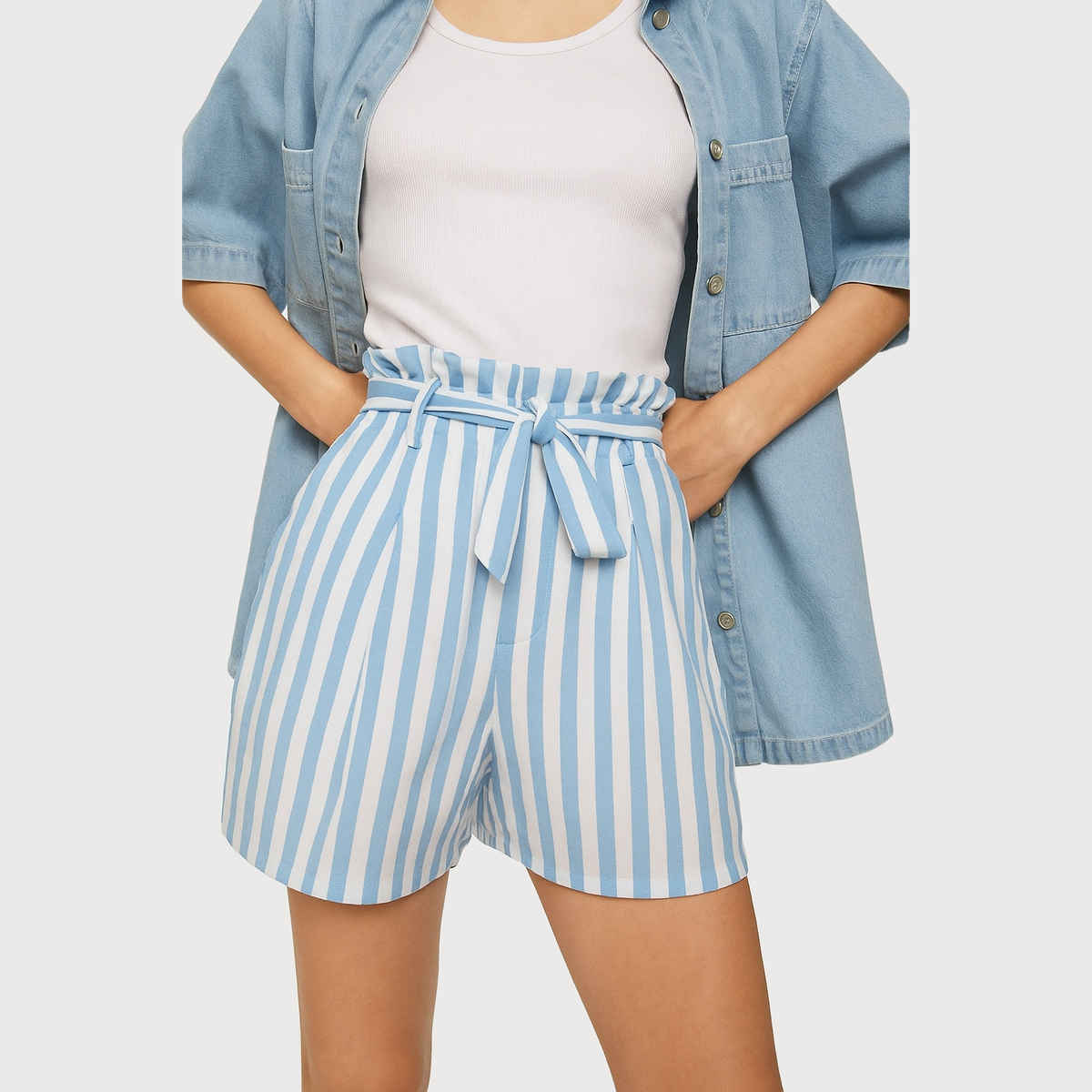 Luxrio Women's Shorts Cotton Striped Shorts | WMNSHORTSSTRP | Light Blue - S