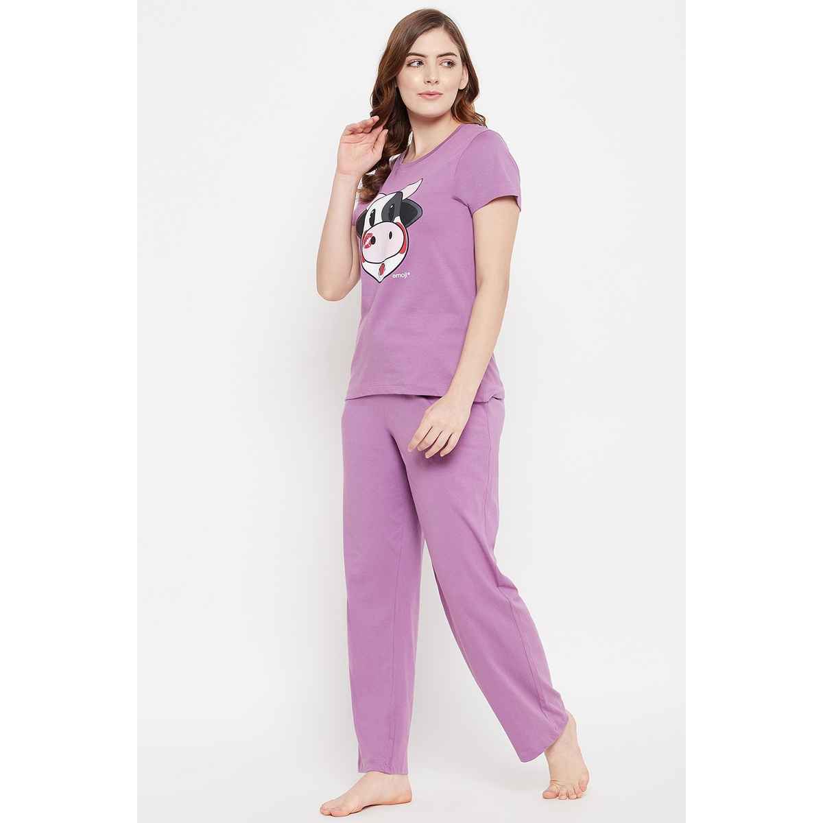Clovia Cow Emoji Print Top & Solid Pyjama Set - 100% Cotton(Purple - Xl)